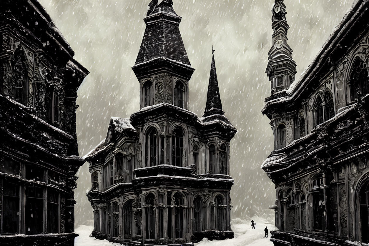 Gothic-style buildings in heavy snowfall convey mystery and isolation.