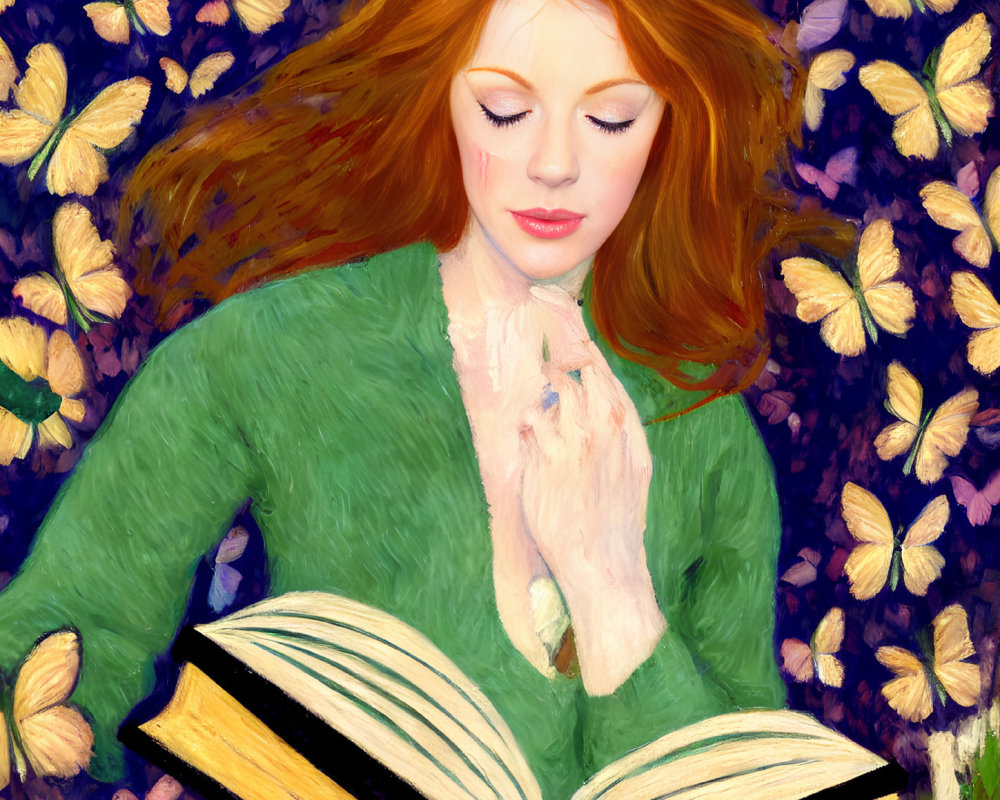 Red-Haired Woman Reading Book in Field of Flowers and Butterflies