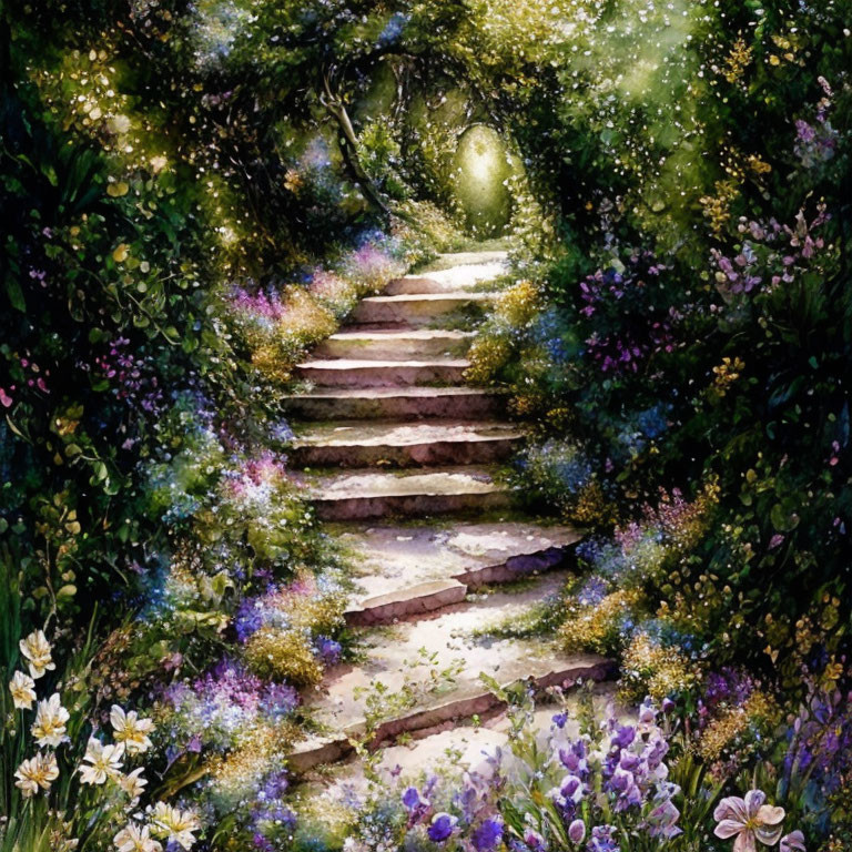 Mystical garden watercolor painting with stone stairway and lush flora