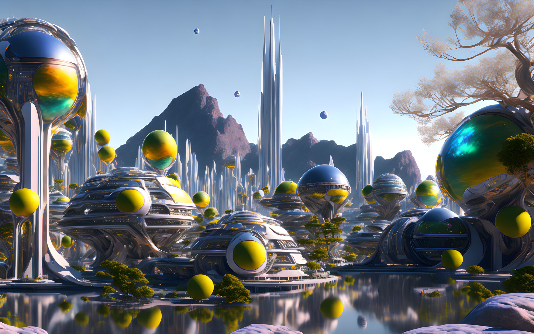 Futuristic cityscape with metallic structures and mountain backdrop