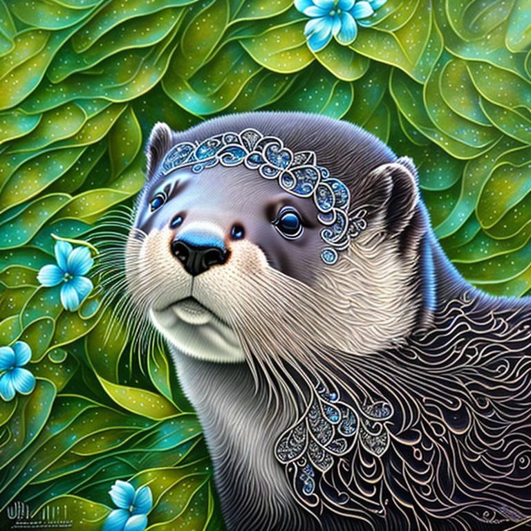 Illustrated Otter with Decorative Patterns and Floral Surroundings