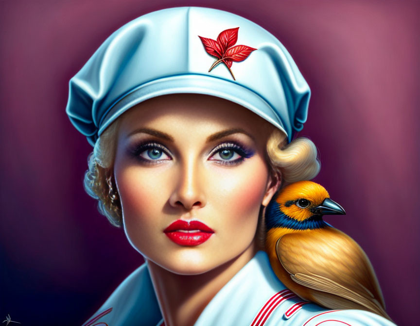 Vintage white nurse's uniform portrait with red leaf emblem and bird.