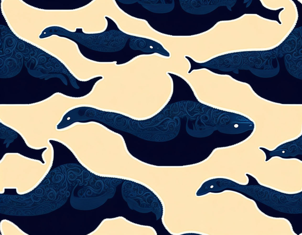 Stylized blue whales pattern on dark yellow background