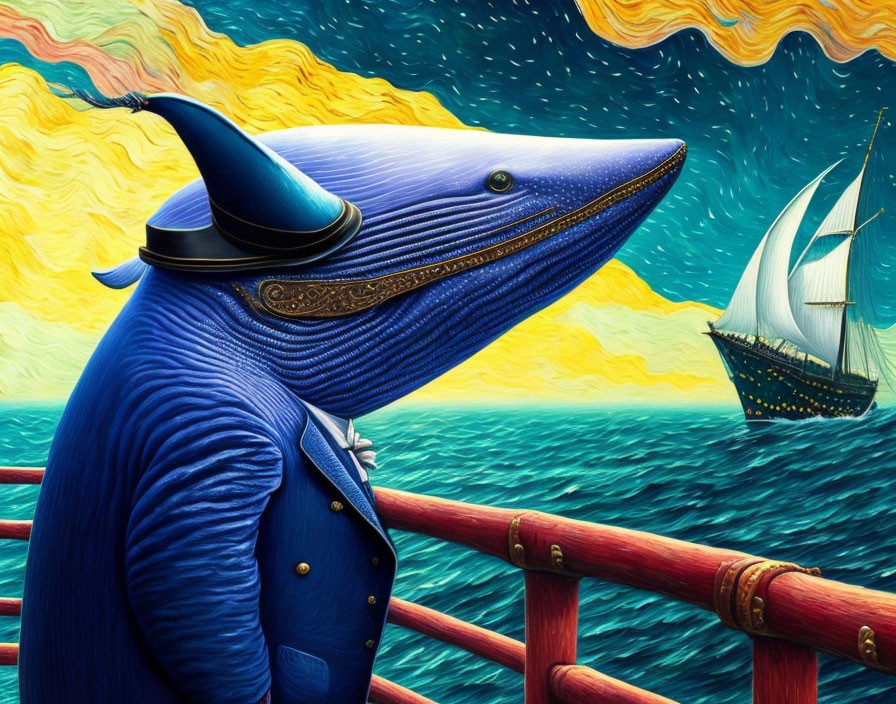 Anthropomorphized blue whale in Victorian outfit by swirling sea