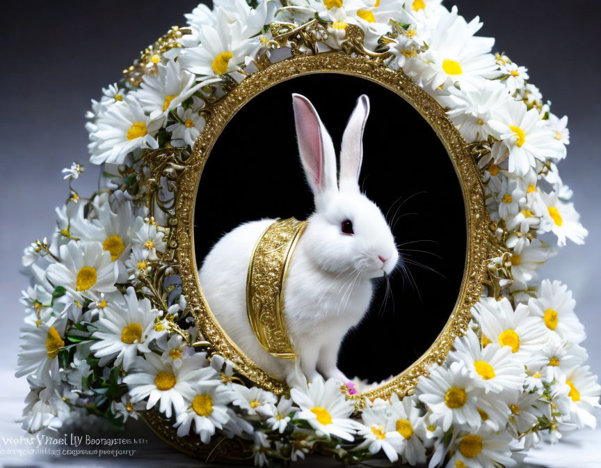 White Rabbit with Golden Band in Oval Mirror Surrounded by Daisies