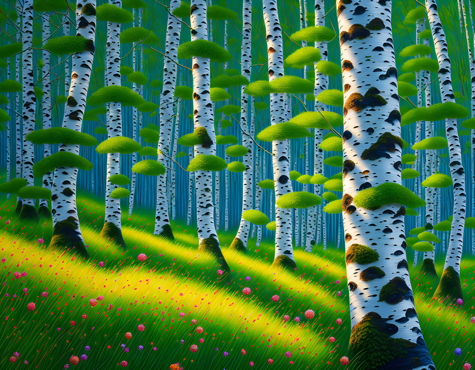 Lush forest scene with birch trees, green grass, pink flowers, and sunlight beams