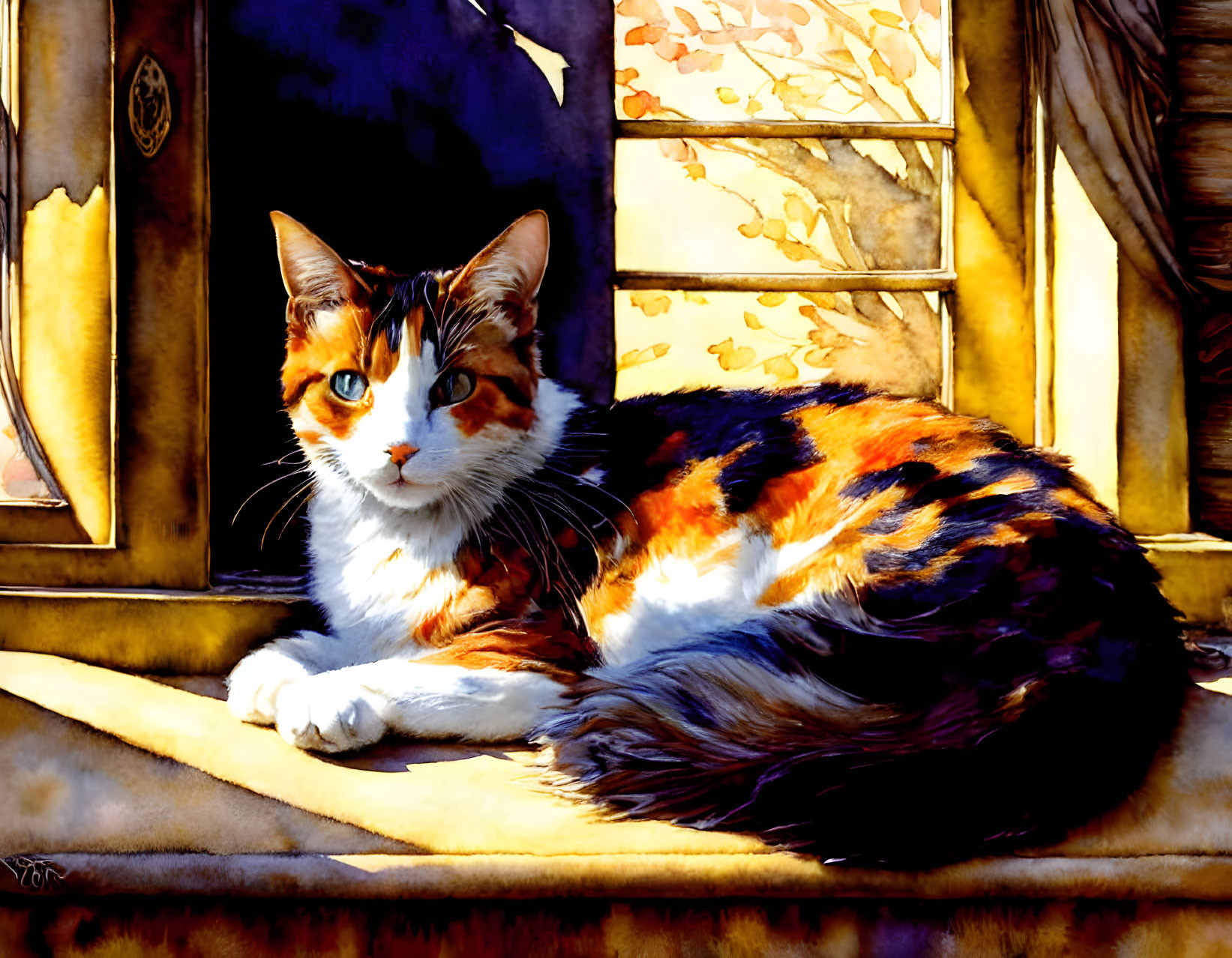 Calico Cat Relaxing on Sunny Windowsill in Cozy Interior