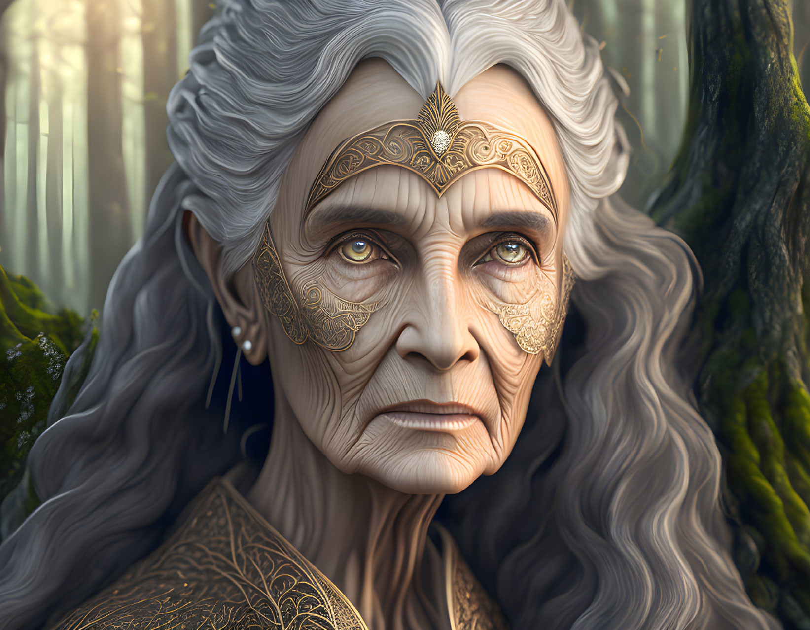 Elderly Woman with Gold Adornments in Mystical Forest