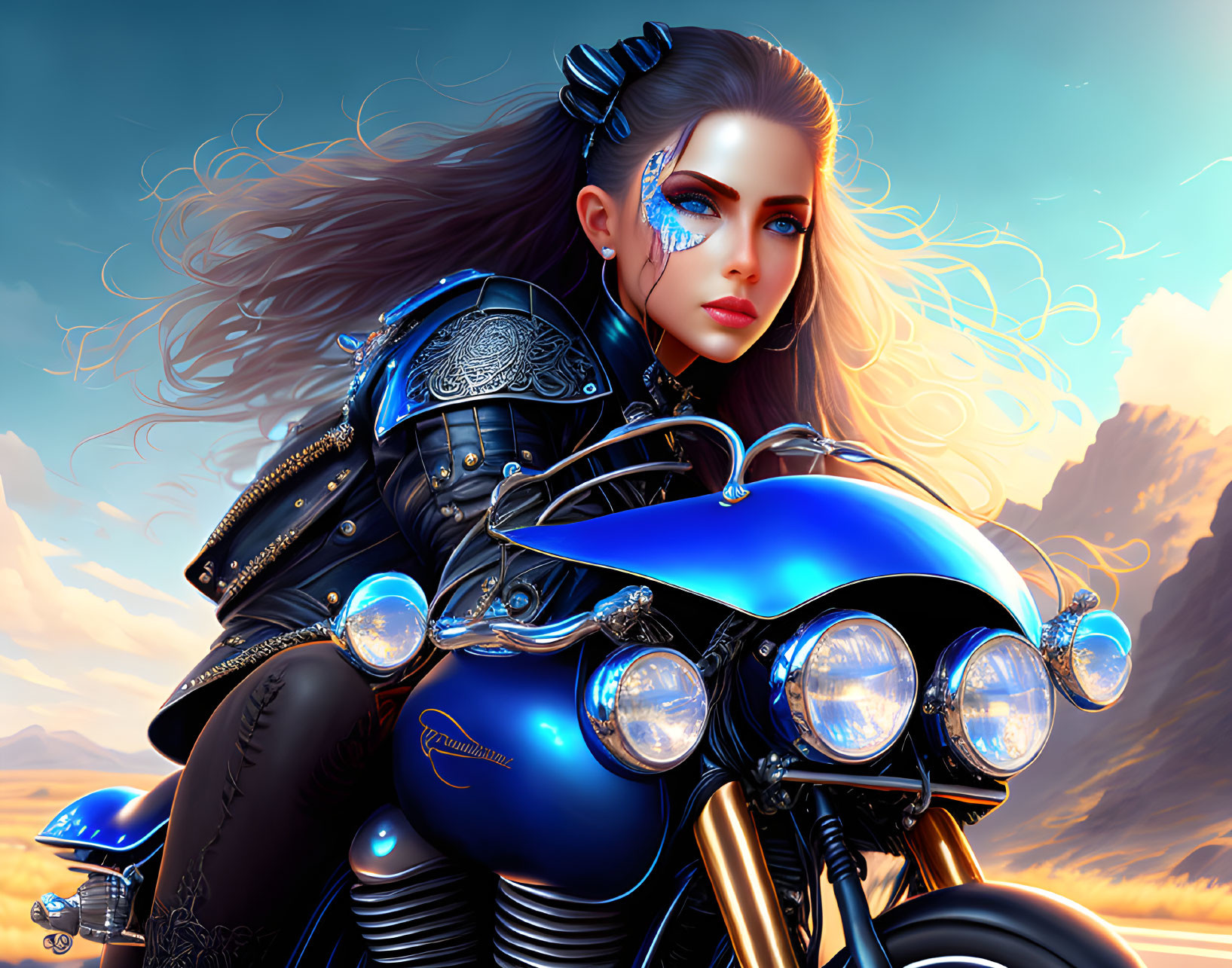 Futuristic digital artwork of woman in armor on motorcycle