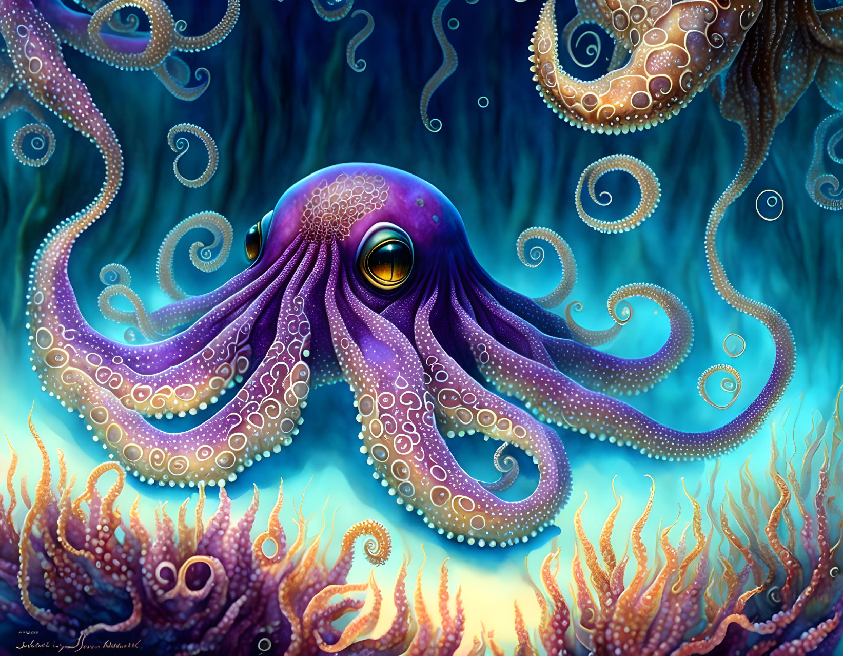 Colorful Purple Octopus Illustration in Blue Aquatic Scene