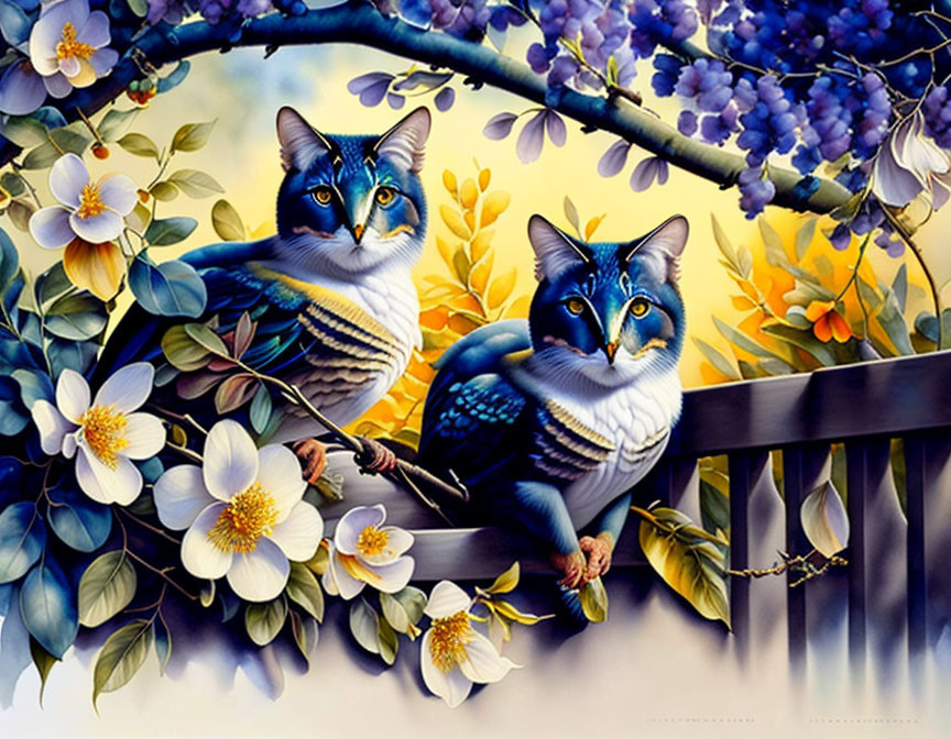 Illustration of two cat-bird creatures on fence amid vibrant flowers