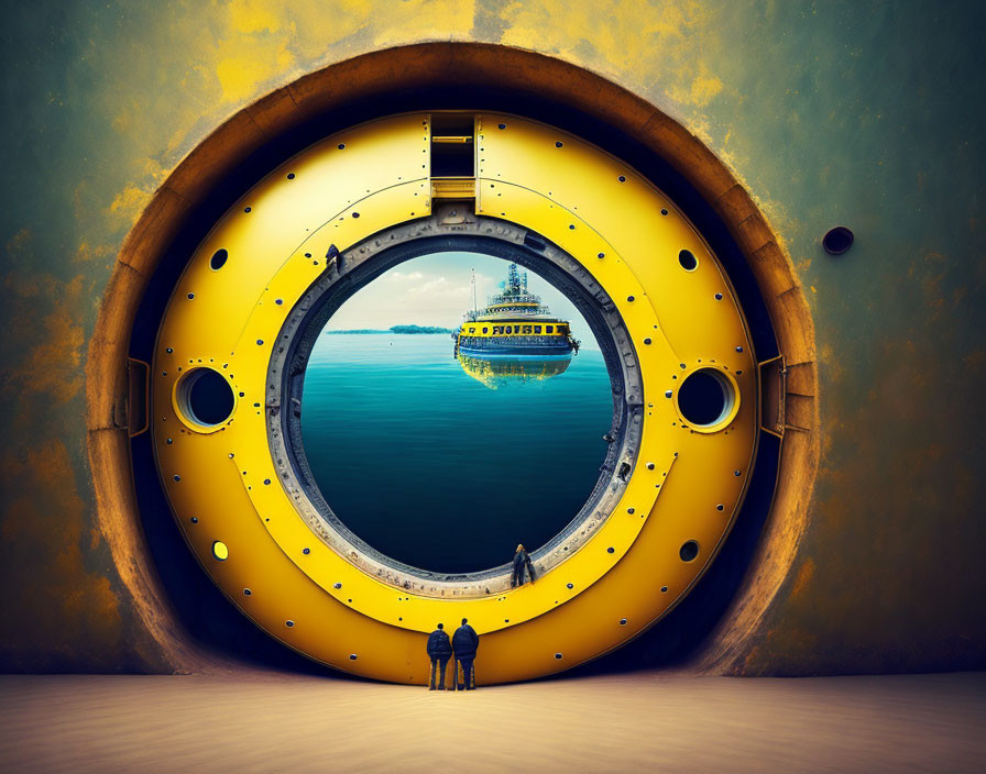 Two individuals by a large yellow circular door observing a ship at sea.