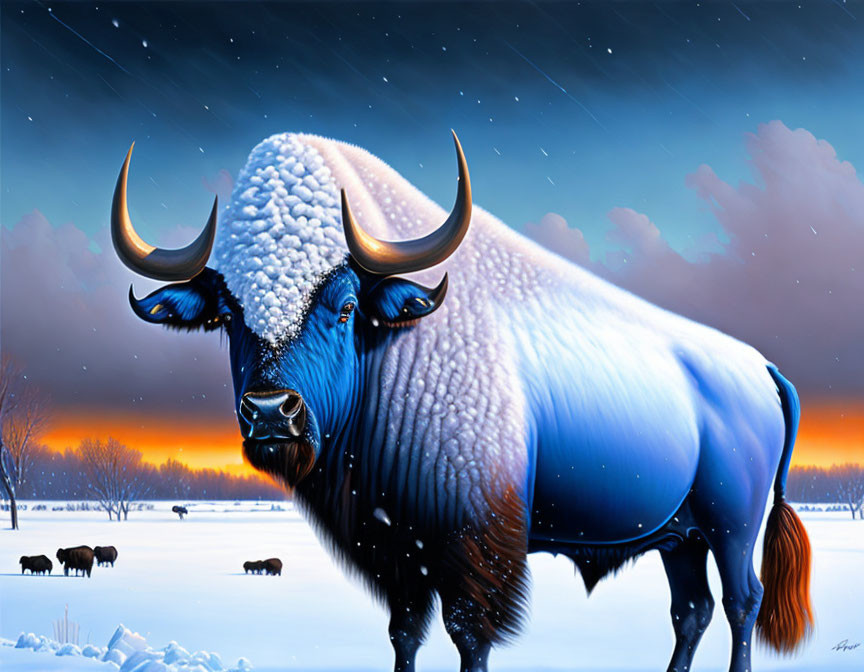 Digitally-rendered blue yak in snowy twilight landscape