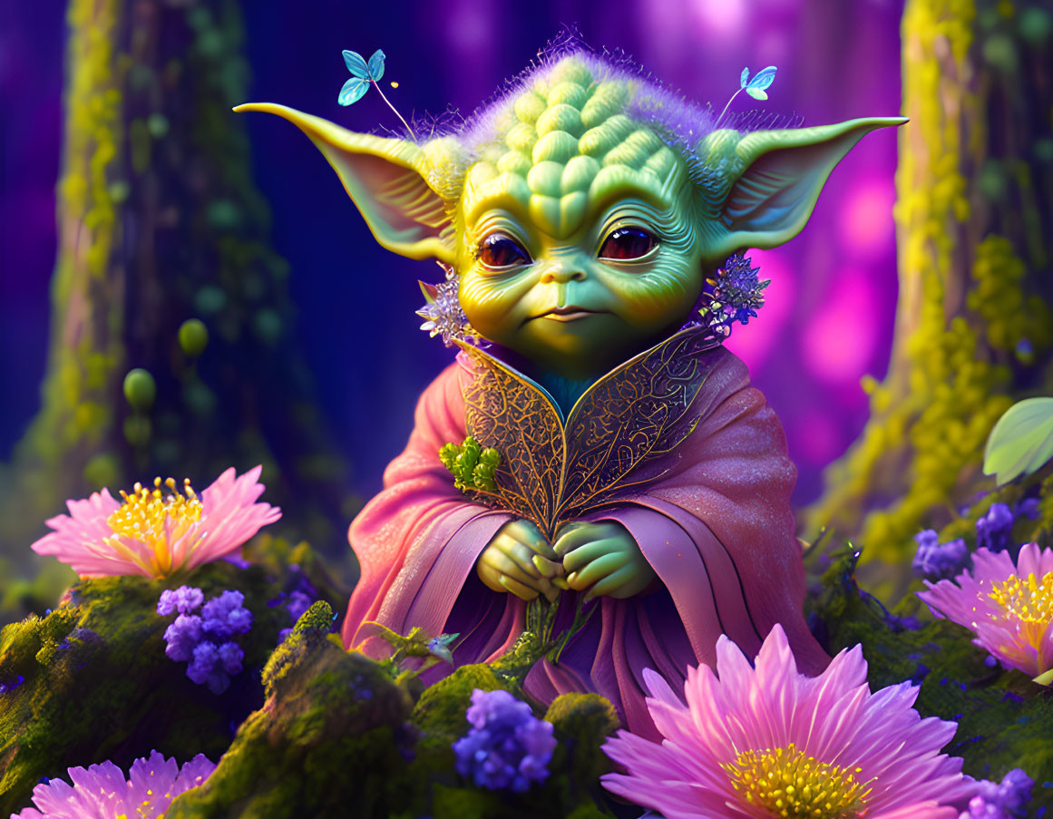 Baby Yoda-like character reading in enchanted forest with butterfly