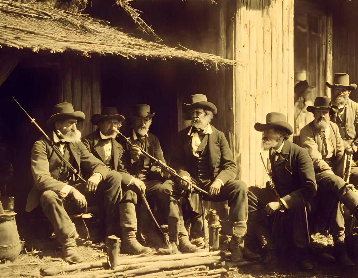 Men in 19th-Century Attire with Hats and Rifles Outside Wooden Structure