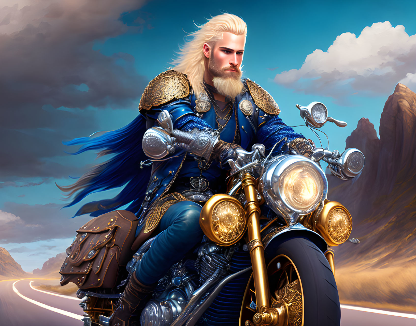 Fantasy warrior on motorcycle with medieval armor in rocky landscape