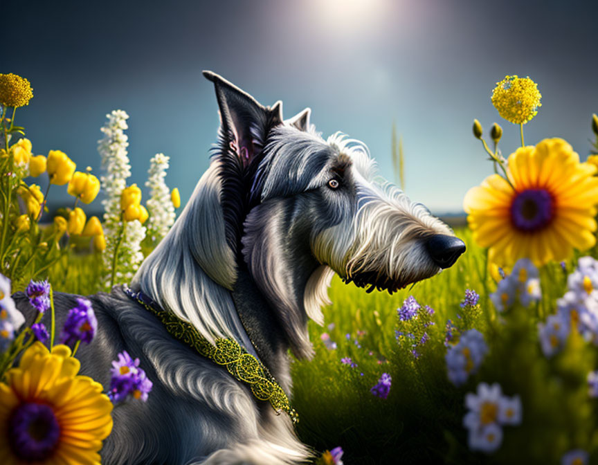 Digital art: Gray Scottish Terrier in vibrant field with yellow flowers under dramatic sky.