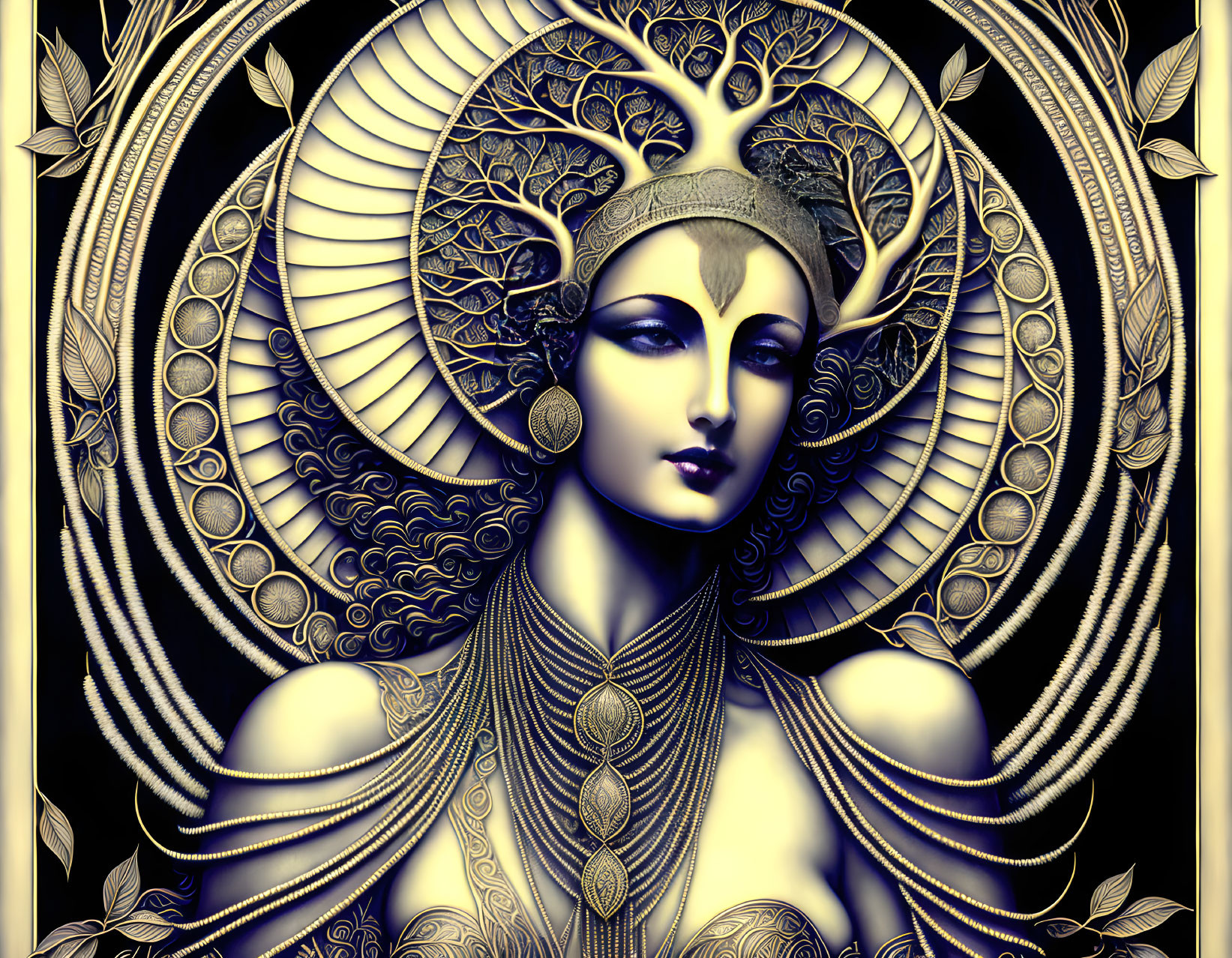 Art Deco style illustration of woman with ornate headdress and jewelry on symmetrical background