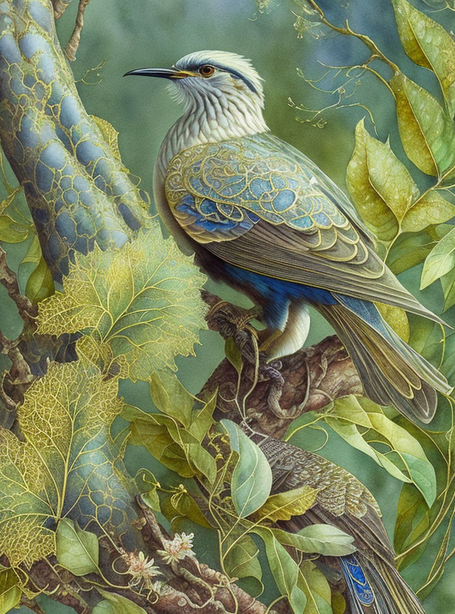 Detailed painting of ornate bird on branch with lush foliage