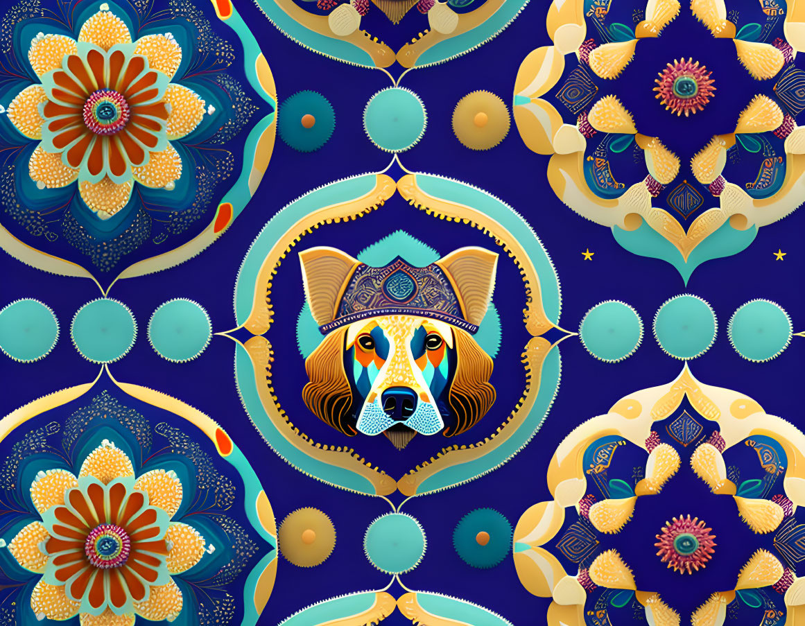 Vibrant digital illustration of golden retriever in geometric patterns