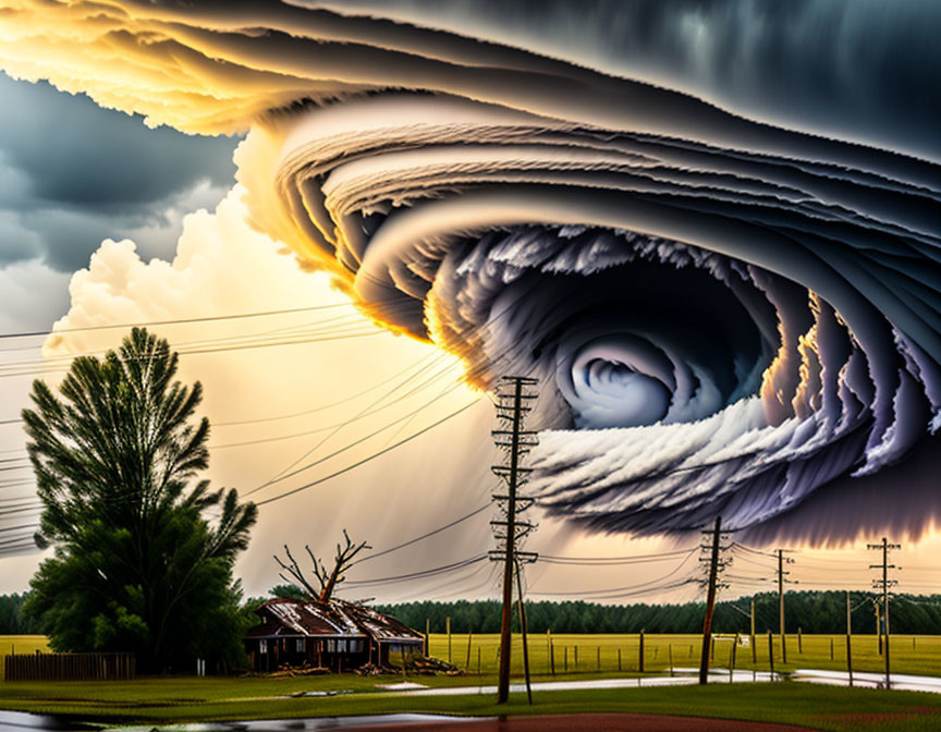 Enormous cyclonic cloud over serene countryside landscape