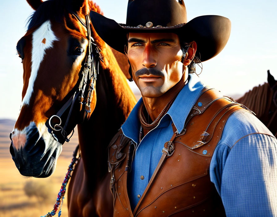 Cowboy with Mustache and Black Hat Standing Next to Horse in Desert