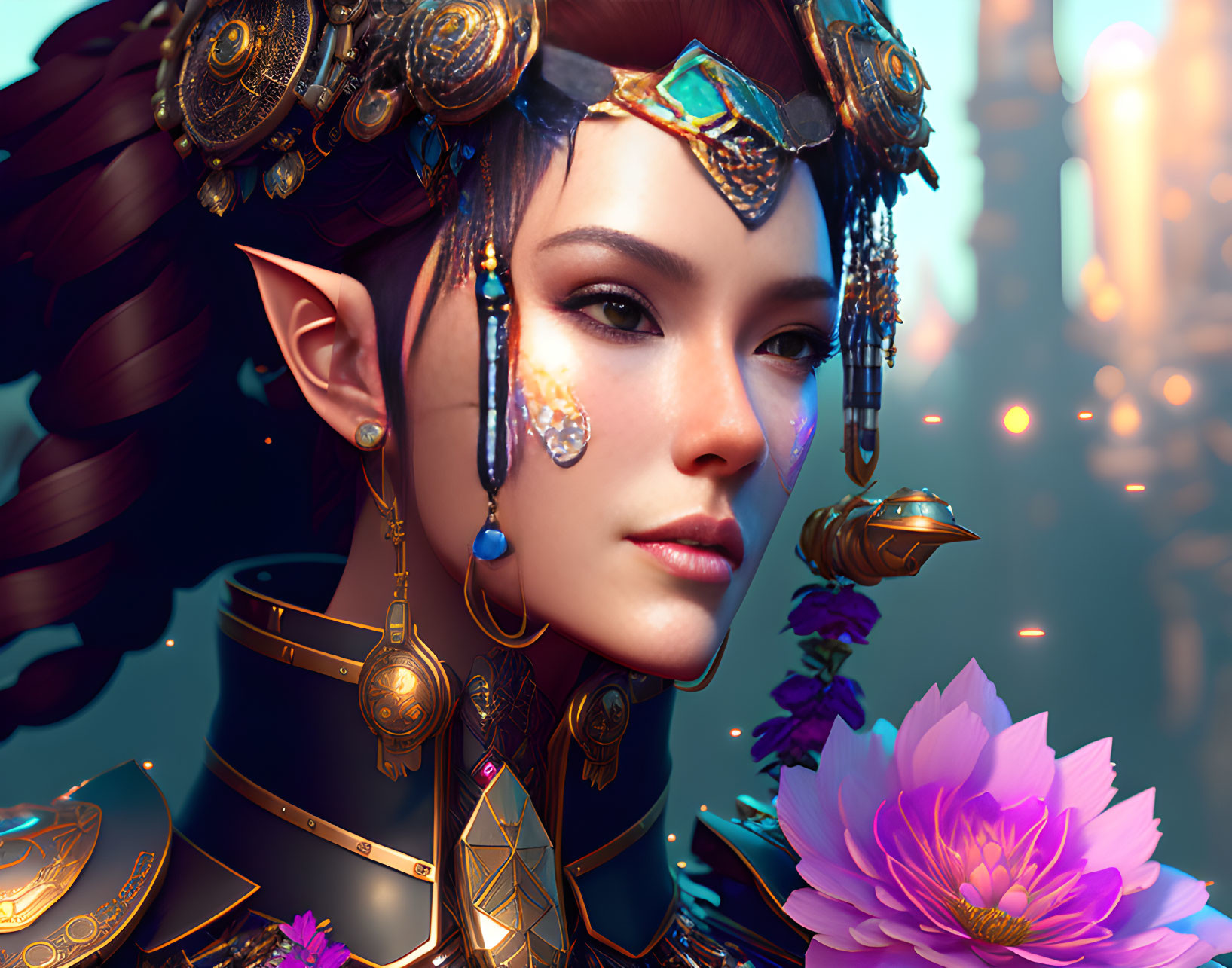 Elaborate golden jewelry adorns serene elf against fantastical backdrop