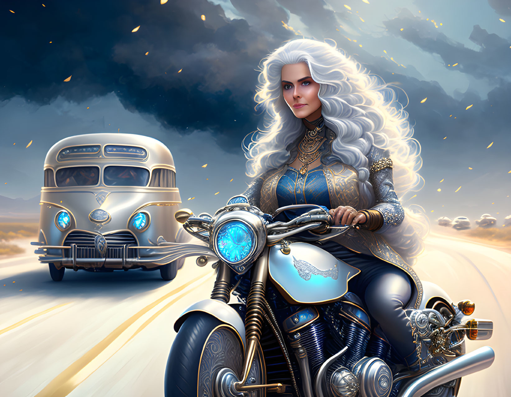 White-haired woman on stylized motorcycle near vintage bus under dramatic sky