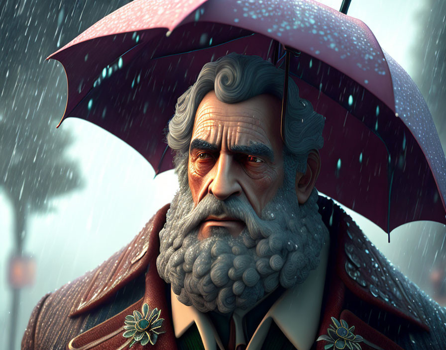 Elderly man with full beard under red umbrella in rain