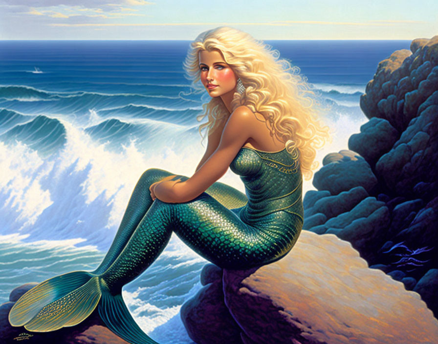 Blonde Mermaid on Rocky Cliff Overlooking Ocean Waves