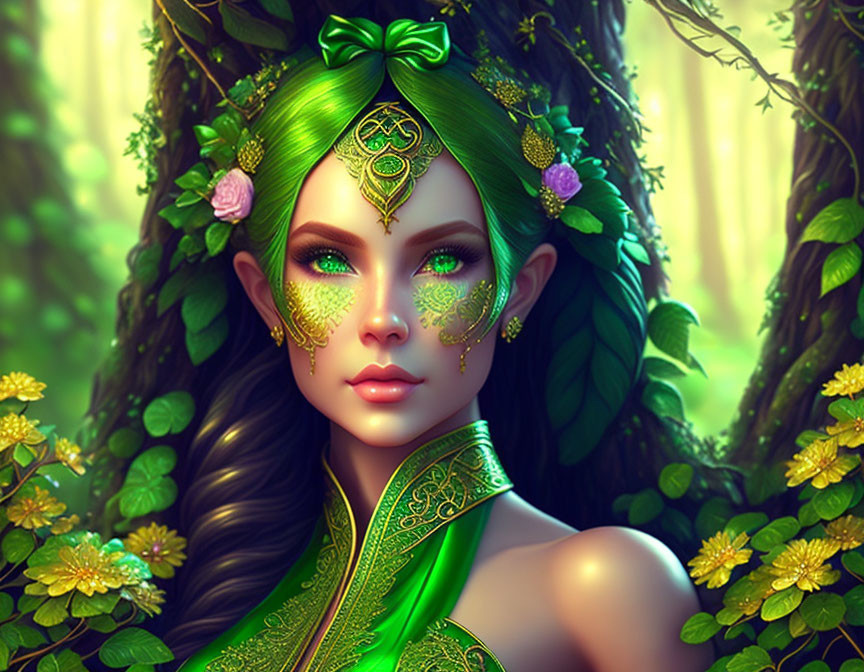 Fantasy digital artwork: Female character with green hair and gold jewelry in forest.