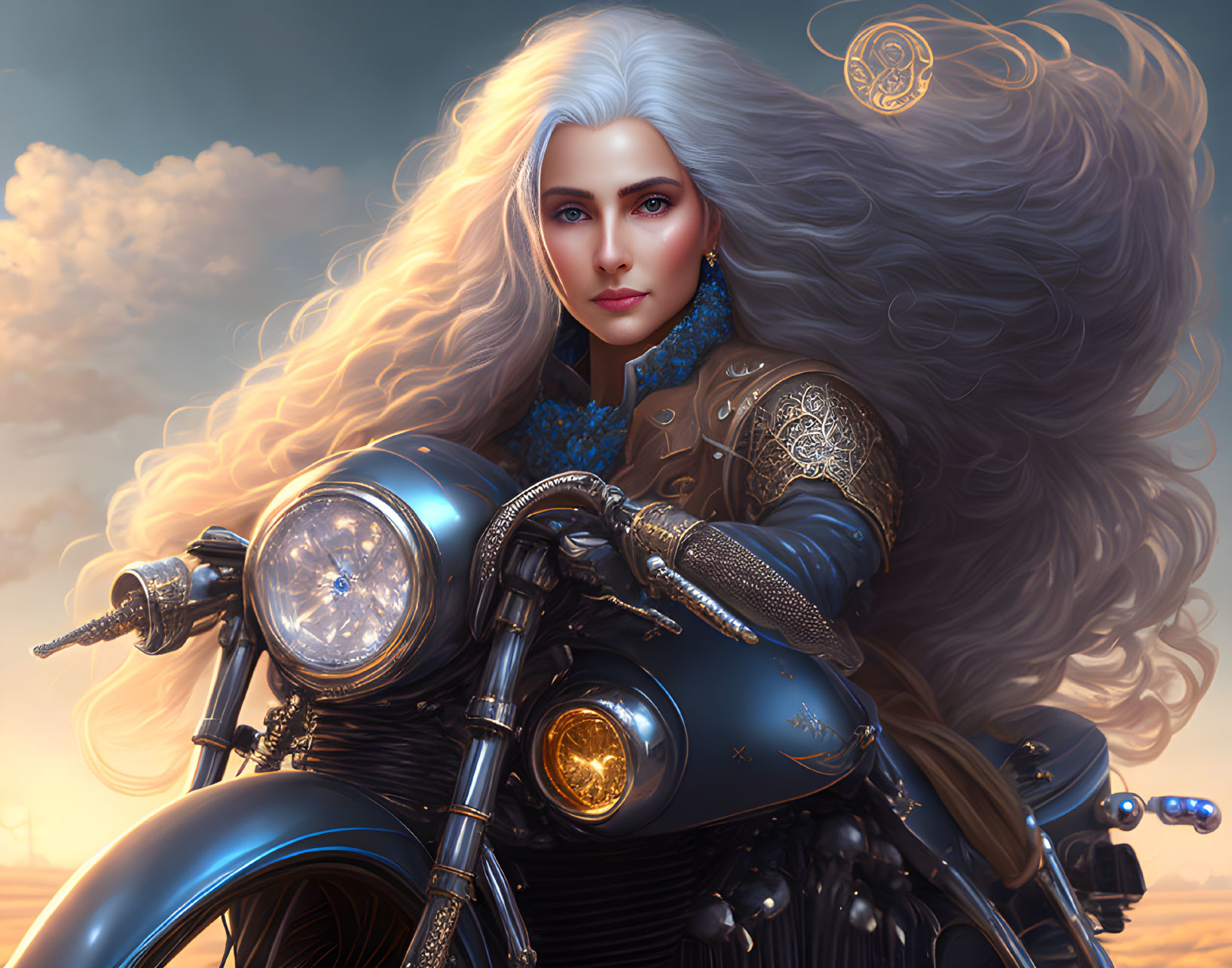 Illustration of woman with long white hair on vintage motorcycle at sunset