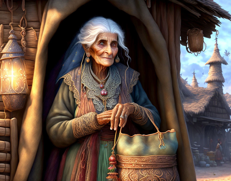 Elderly woman in traditional attire with white hair and pouch at cottage