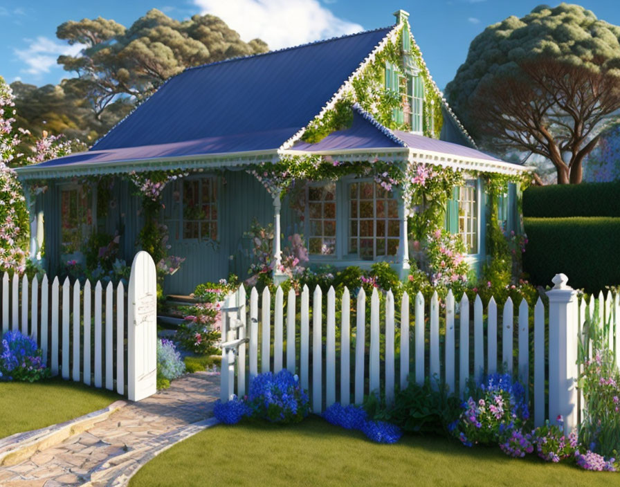 Blue-walled cottage with grey roof, ivy, garden & picket fence