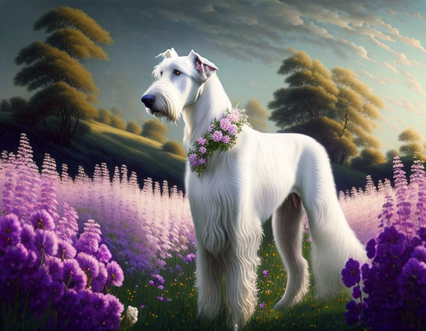 White Scottish Terrier in Field of Purple Flowers at Dusk