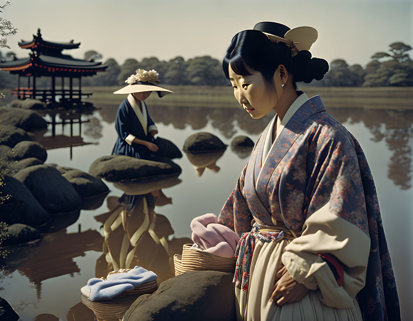 Traditional Japanese attire woman by pond with man near temple.