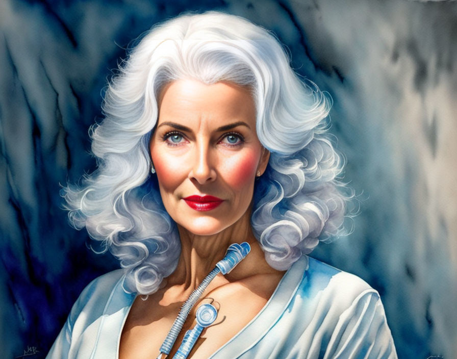 Mature woman with blue eyes and white hair in blue top illustration