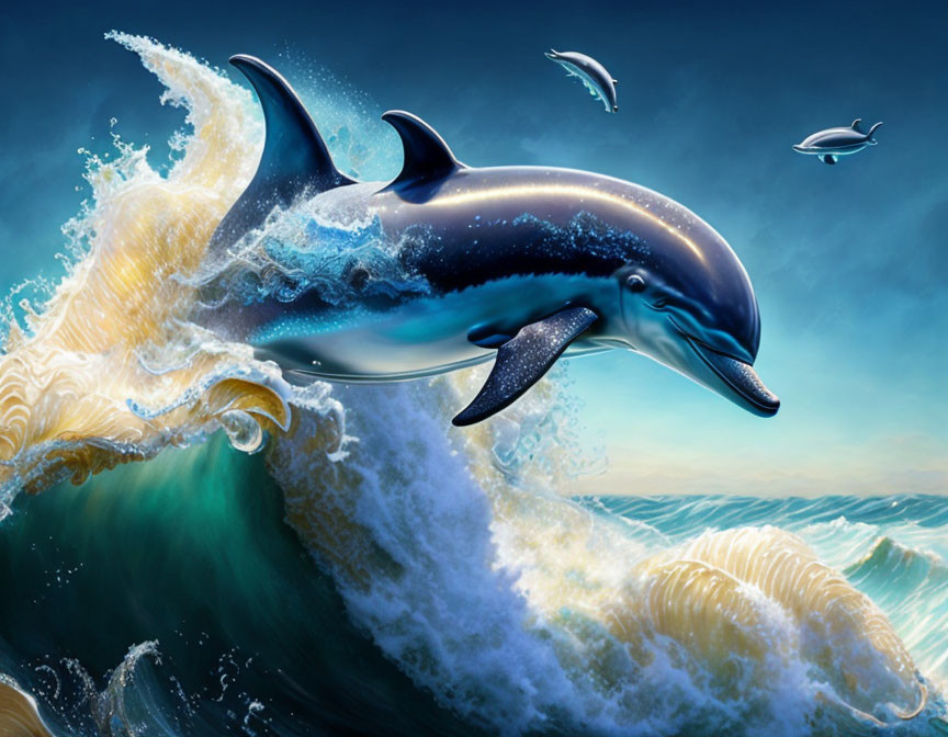 Colorful Dolphin Leaping from Wave with Seabirds