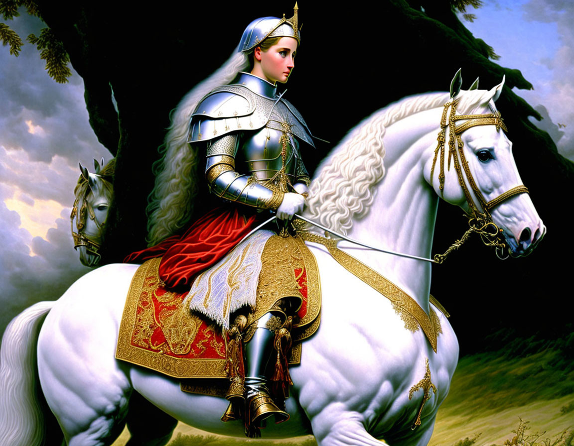 Regal figure in shining armor on white horse with red cloak against dramatic sky