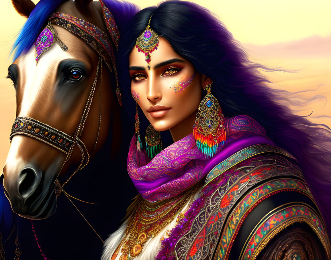 Woman with Striking Eyes and Jeweled Adornments Beside Horse at Twilight