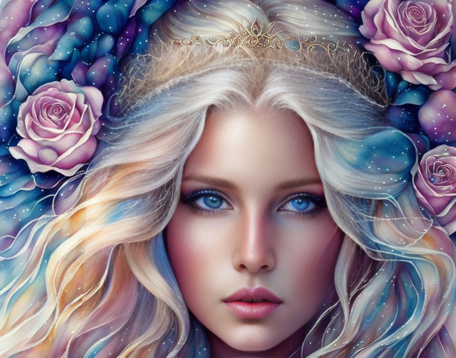 Fantasy portrait featuring woman with blue eyes, multicolored hair, golden tiara, purple roses