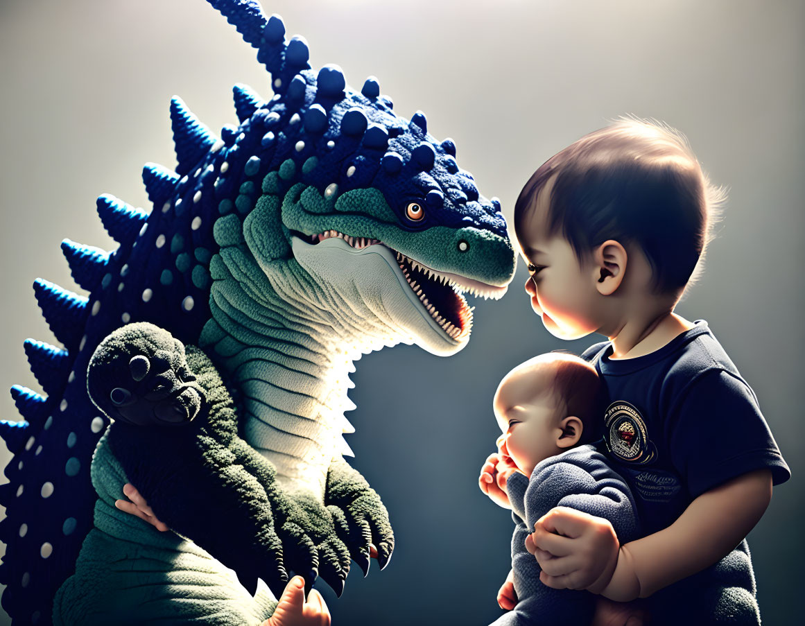 Toddler with stuffed toy meets friendly Godzilla under dramatic light