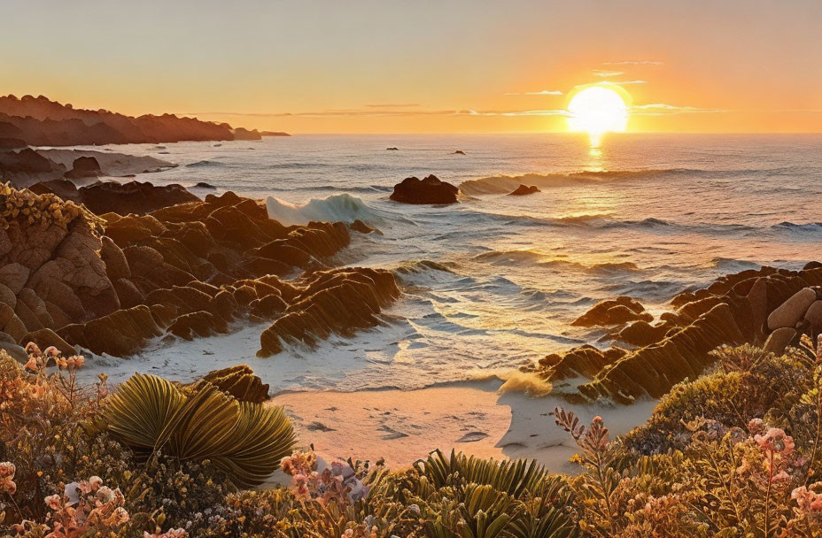 Tranquil Sunset Scene: Rocky Coastline, Crashing Waves, Sandy Beach, Plants in Golden