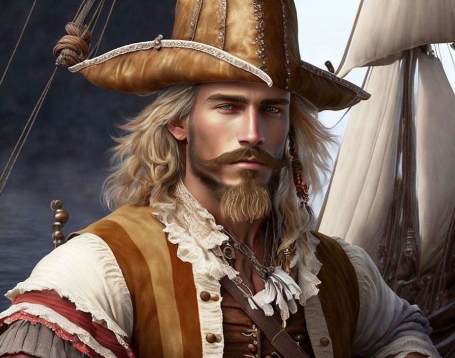 Digital art portrait of rugged pirate with feathered hat, blonde hair, and mustache against ship's