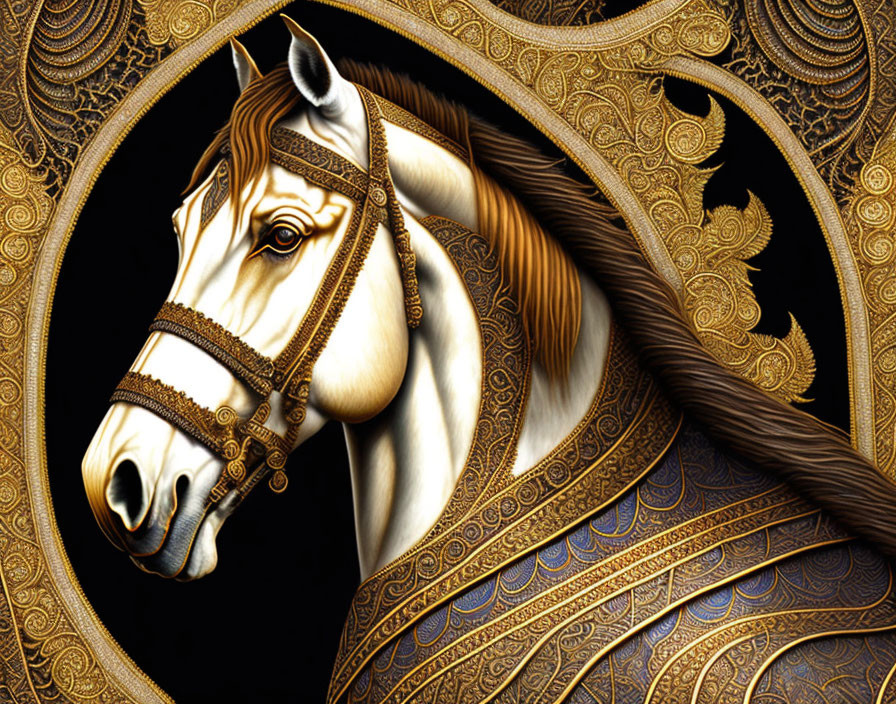 Intricate gold and blue horse illustration on black background