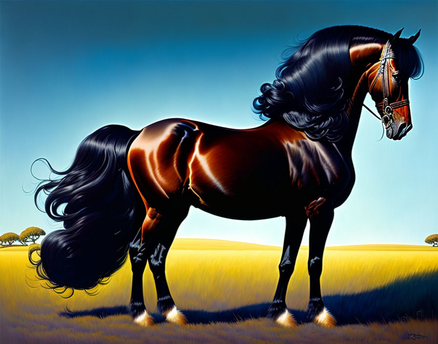 Stylized painting of glossy brown horse with bridle against blue sky and yellow field