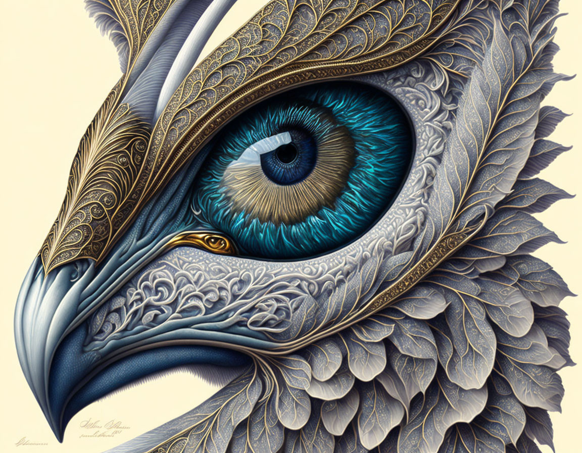 Detailed Animal Drawing with Prominent Blue Eye and Ornate Feathers