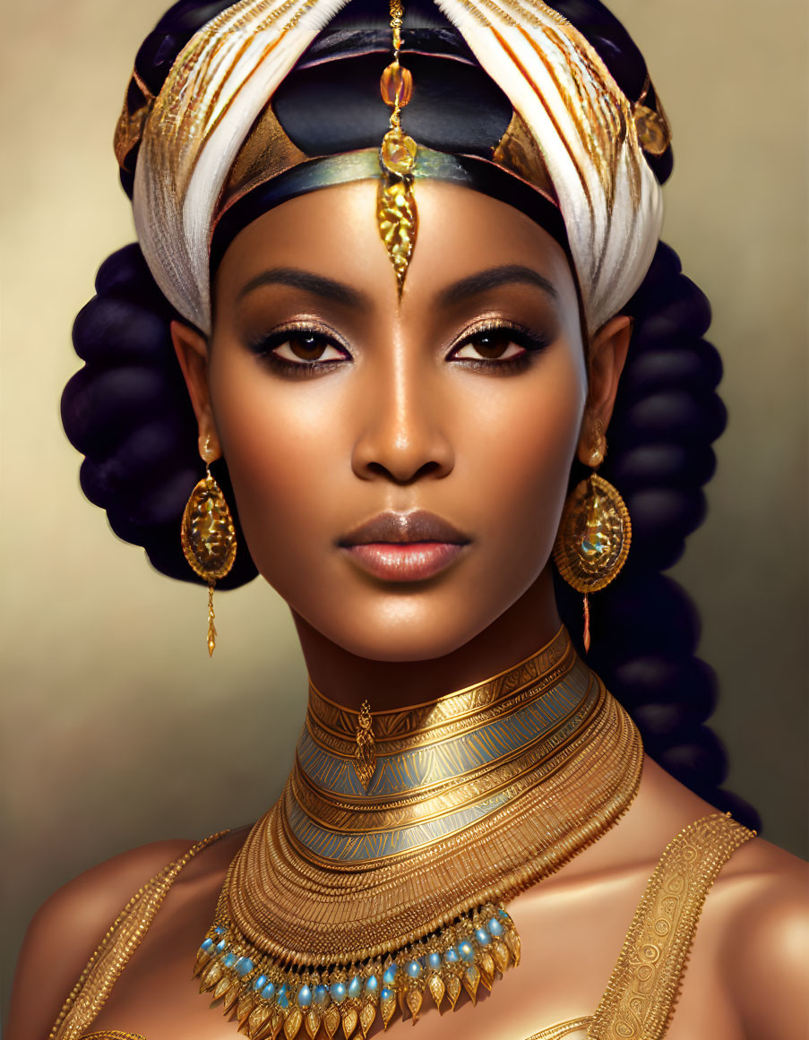 Portrait of Woman with Head Wrap and Ornate Jewelry in Serene Expression