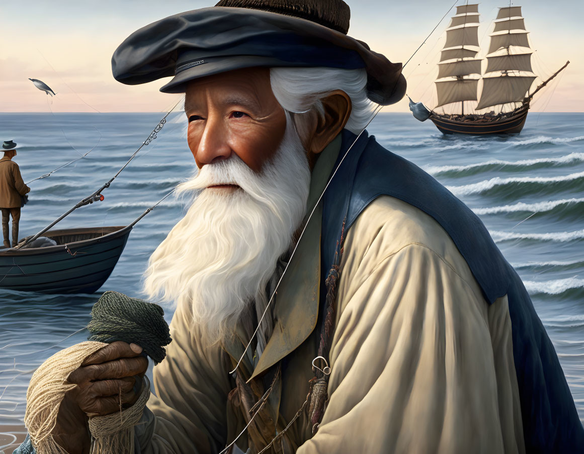 Elderly bearded sailor with rope, boat, and ship on the sea