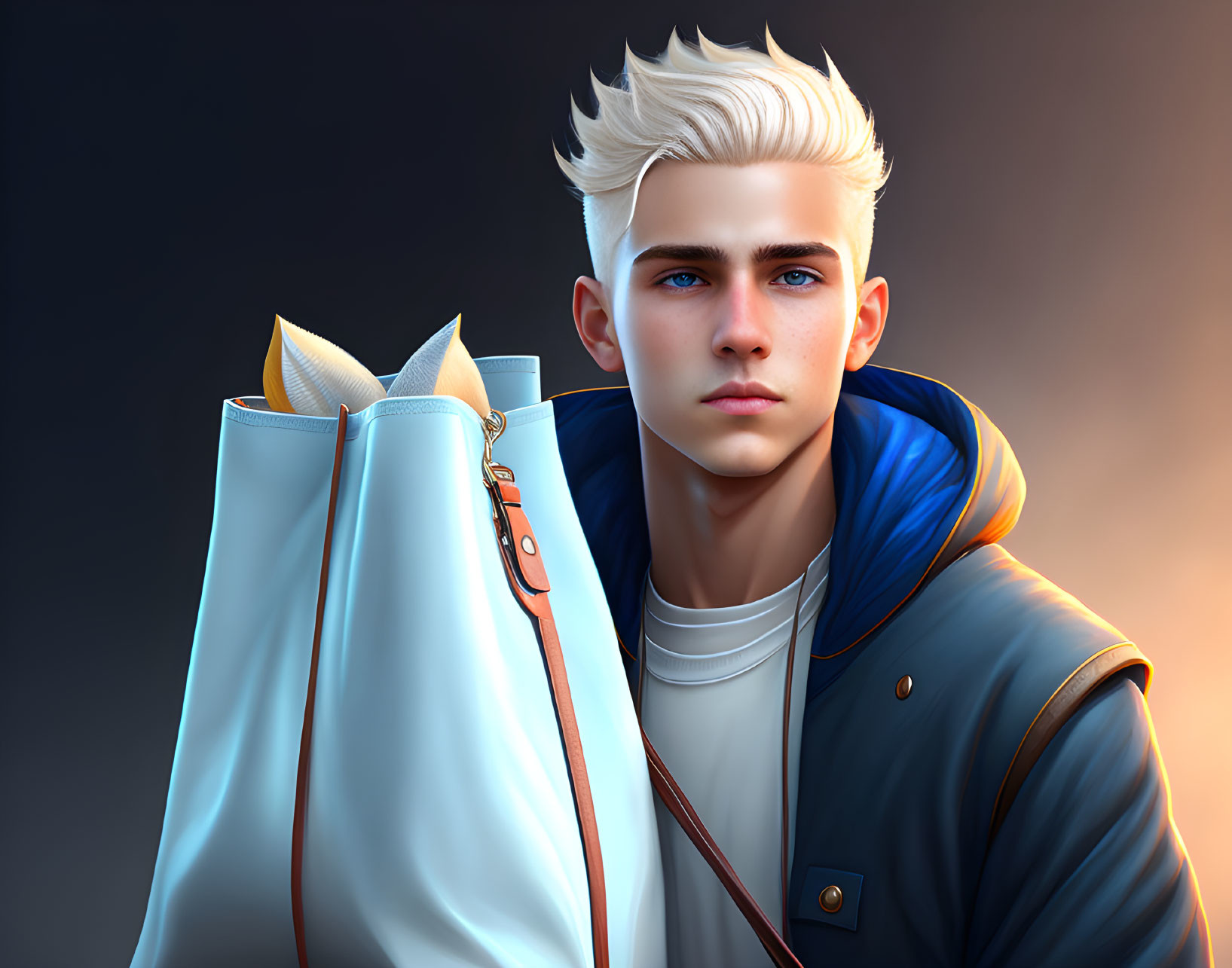 Young man with white hair and blue eyes in blue jacket and white shirt with orange-accented bag